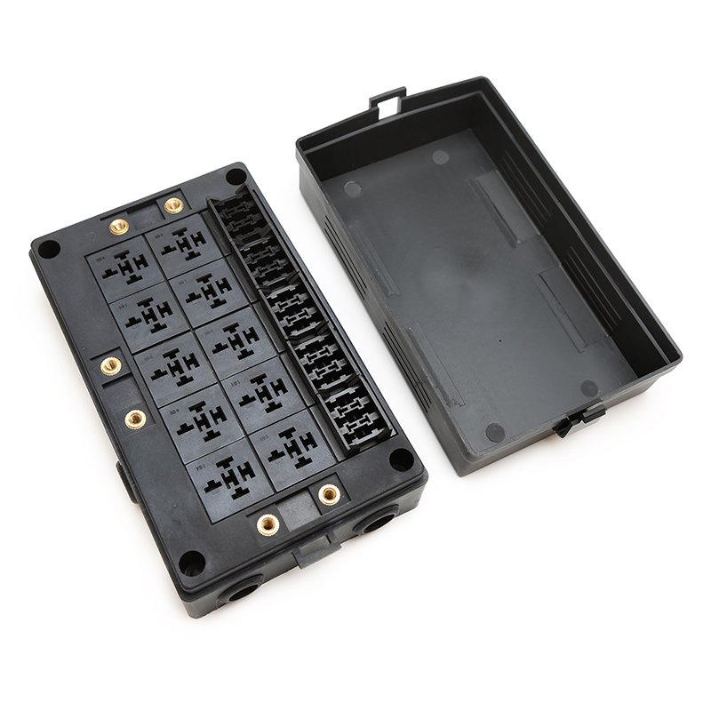 Car Block Slot Socket Boxes 10 Relays 15 Way Blade Fuses Waterproof Fuse Box with Copper Terminals for Boat Vehicles