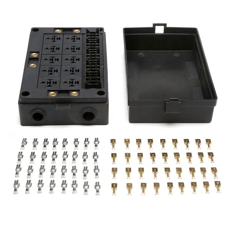 Car Block Slot Socket Boxes 10 Relays 15 Way Blade Fuses Waterproof Fuse Box with Copper Terminals for Boat Vehicles