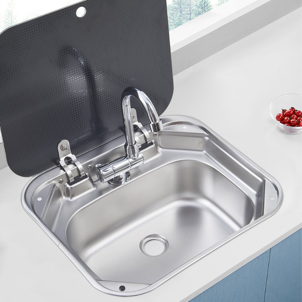 Single Bowl With Toughened Glass Stainless Steel Camper Motorhome Portable Caravan RV Kitchen Sink