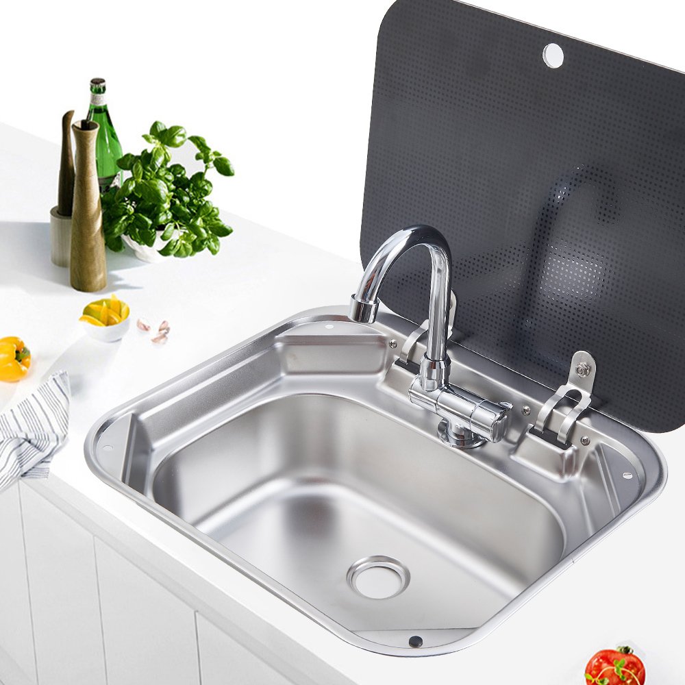 Single Bowl With Toughened Glass Stainless Steel Camper Motorhome Portable Caravan RV Kitchen Sink