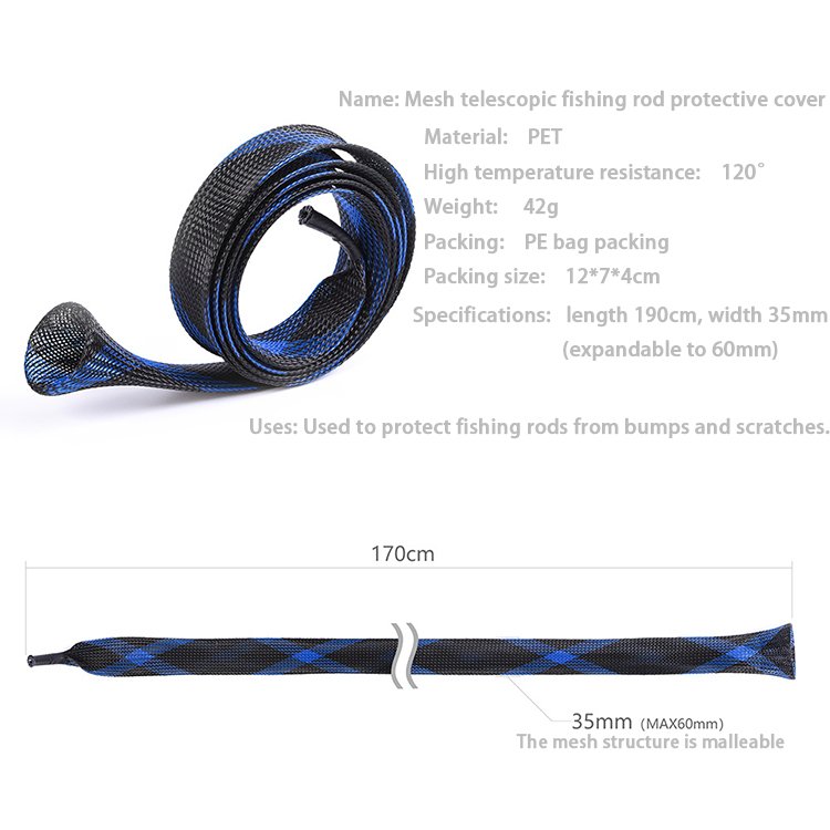 Verified Supplier 35MM*1.7M PET Casting Fishing Rod Cover Braided Mesh Tube Telescopic Fishing Rod Protective Cover Rod Cover Fi