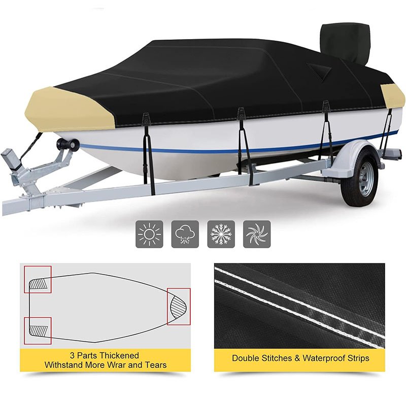 Heavy Duty 900D Marine Grade Polyester Boat Cover Waterproof V-Hull Cover 14'-16' Trailerable Boats Includes 5 Tightening Straps