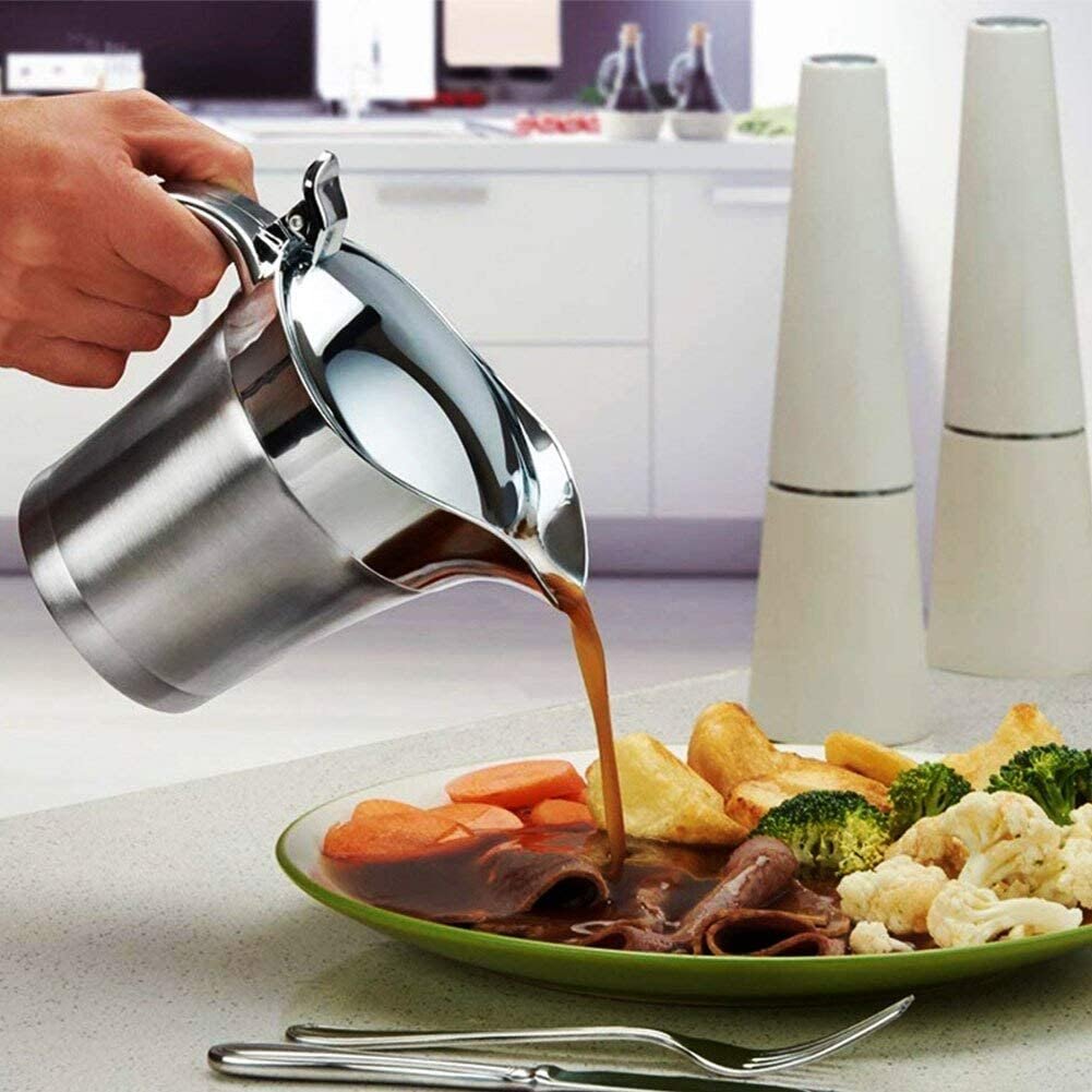 304 Stainless Steel Double Insulated Gravy Boat Serving Jug With Lid for Gravy, Cream, Sauce, Salad Dressing