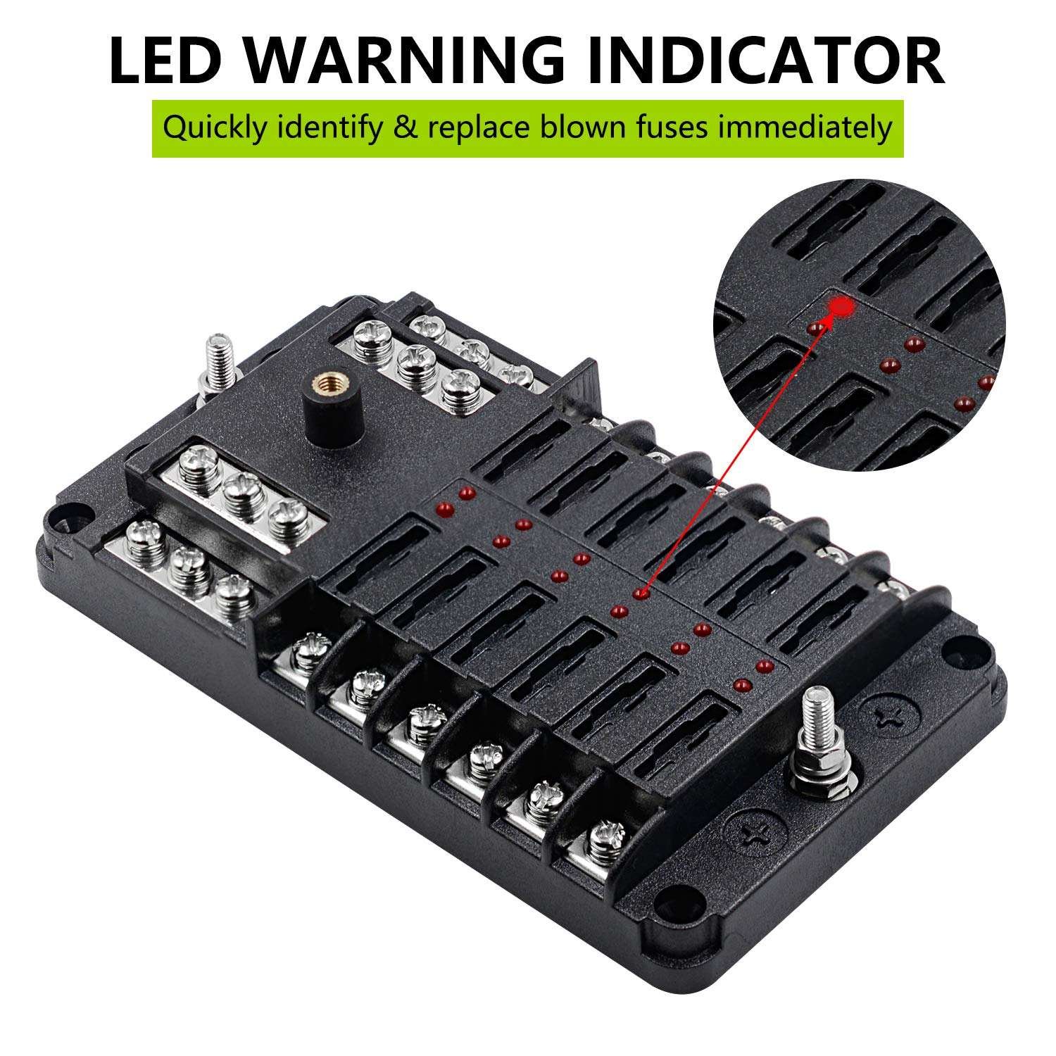 12 Way Fuse Box With Negative Bus LED Indicator Automotive Fuse Block Holder Fuse Panel for RV Car Boat Marine Tru