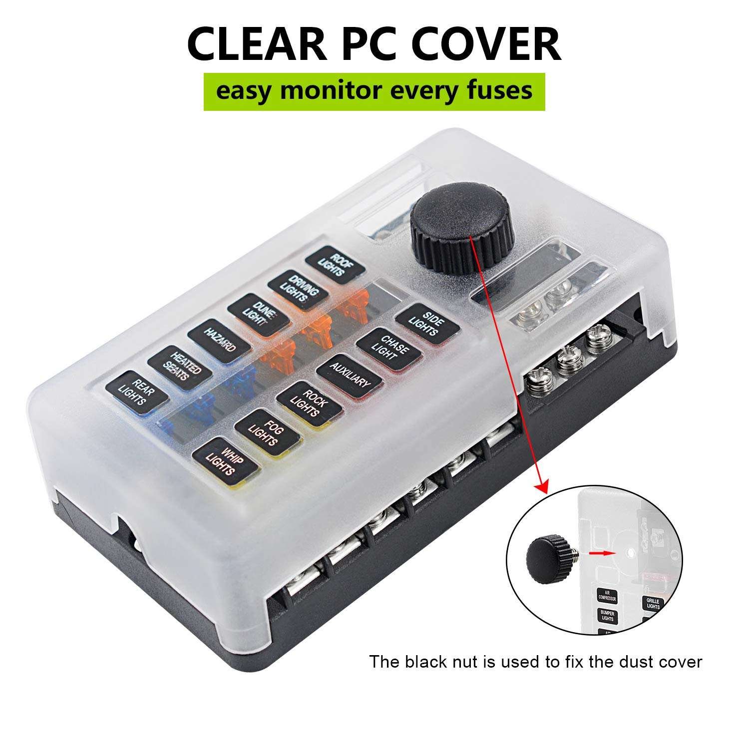 12 Way Fuse Box With Negative Bus LED Indicator Automotive Fuse Block Holder Fuse Panel for RV Car Boat Marine Tru