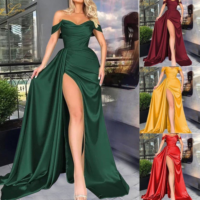 New Long Sleeve Satin Gown Long Foreign Trade Red Belly Cover Trailing Banquet Bridesmaid Evening Dress Large Skirt