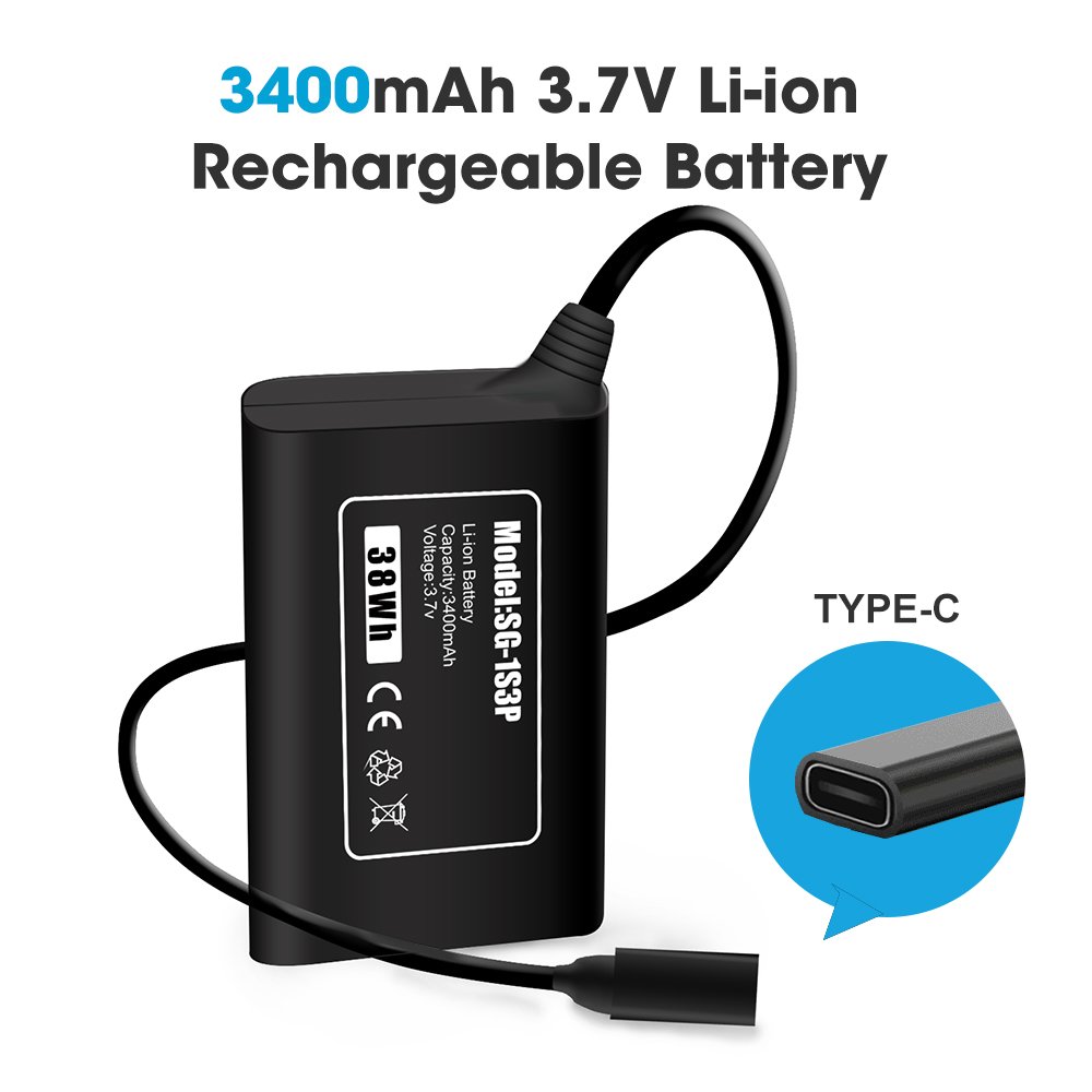 3.7V 10.2Ah 18650 Lithium Waterproof Rechargeable Silicone Case Battery Pack 3400mAh Battery Cell With USB Type-C Connector