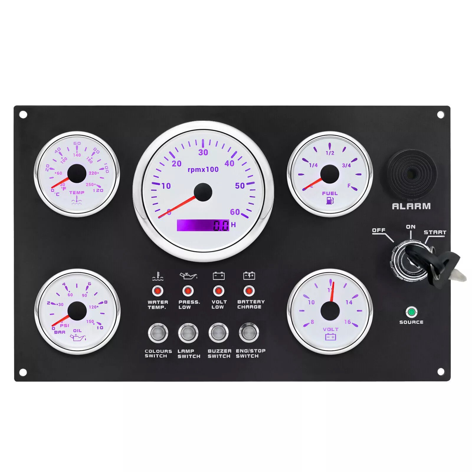 5 Gauges Set With Instrument Panel Tachometer 6000RPM 7 Color LED for Boat Yacht