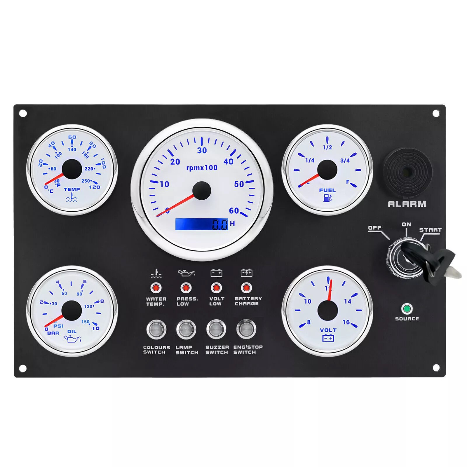 5 Gauges Set With Instrument Panel Tachometer 6000RPM 7 Color LED for Boat Yacht