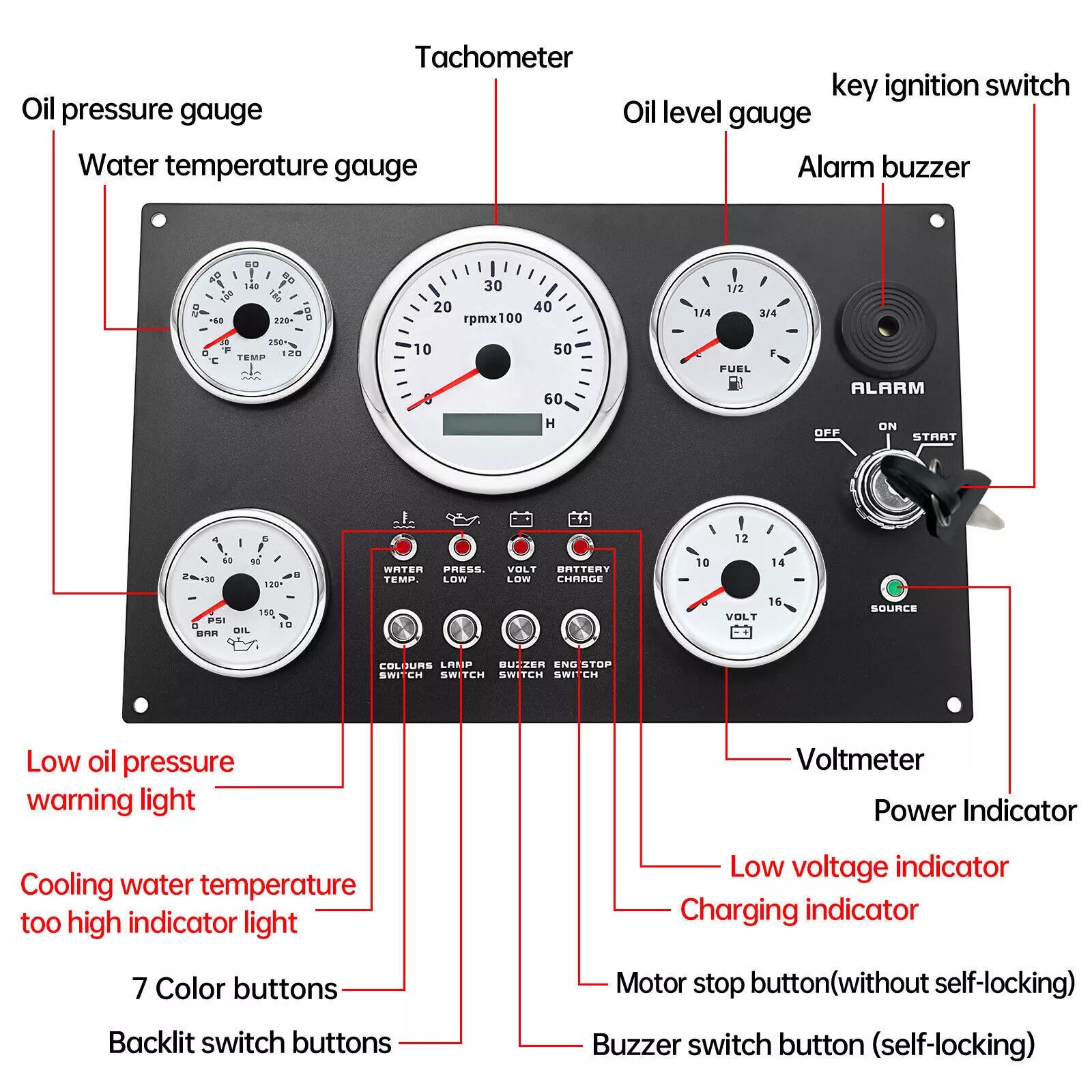 5 Gauges Set With Instrument Panel Tachometer 6000RPM 7 Color LED for Boat Yacht