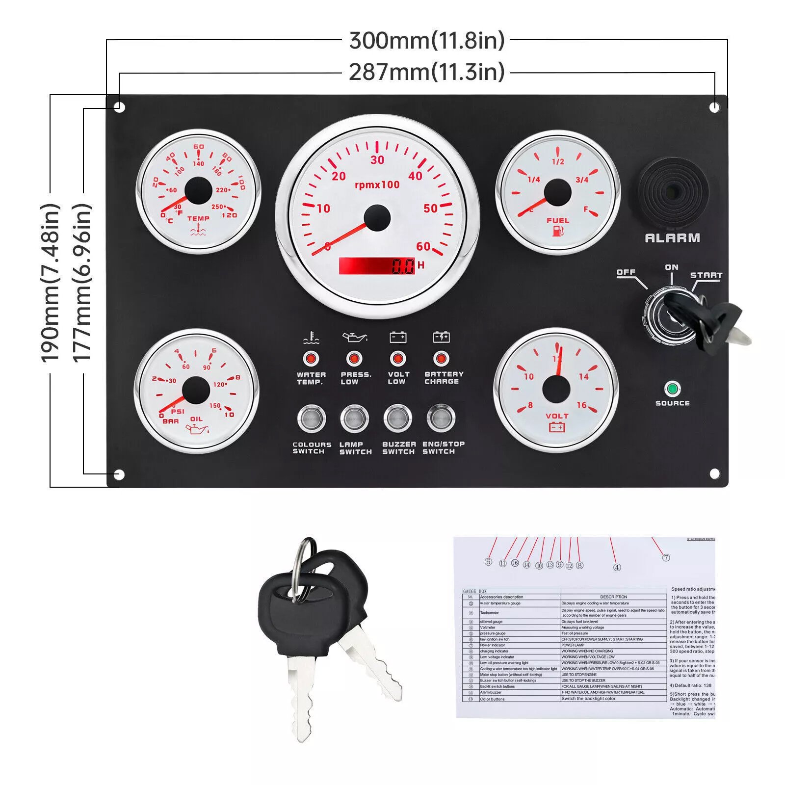 5 Gauges Set With Instrument Panel Tachometer 6000RPM 7 Color LED for Boat Yacht