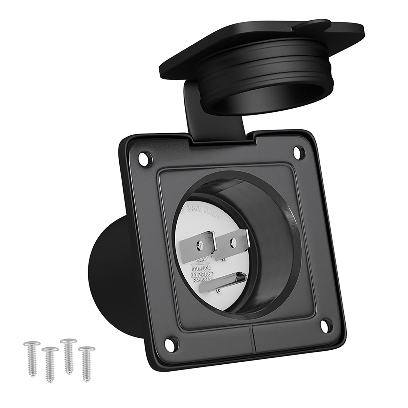 RV 15Amp Flanged Inlet, NEMA 5-15P 125V Shore Power Inlet with Waterproof Cover, Black ETL Listed RV Accessories