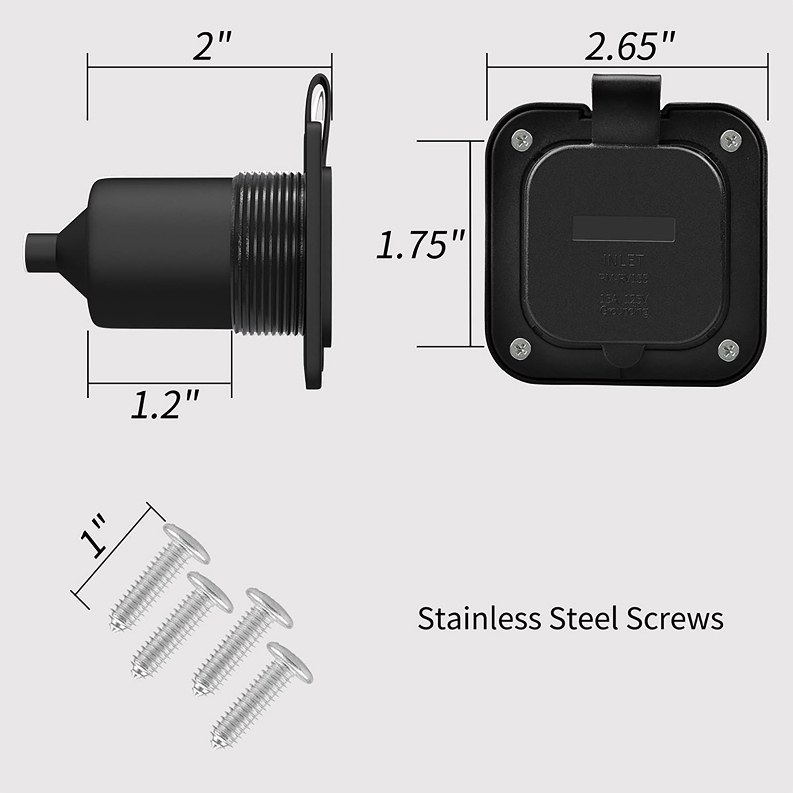 RV 15Amp Flanged Inlet, NEMA 5-15P 125V Shore Power Inlet with Waterproof Cover, Black ETL Listed RV Accessories