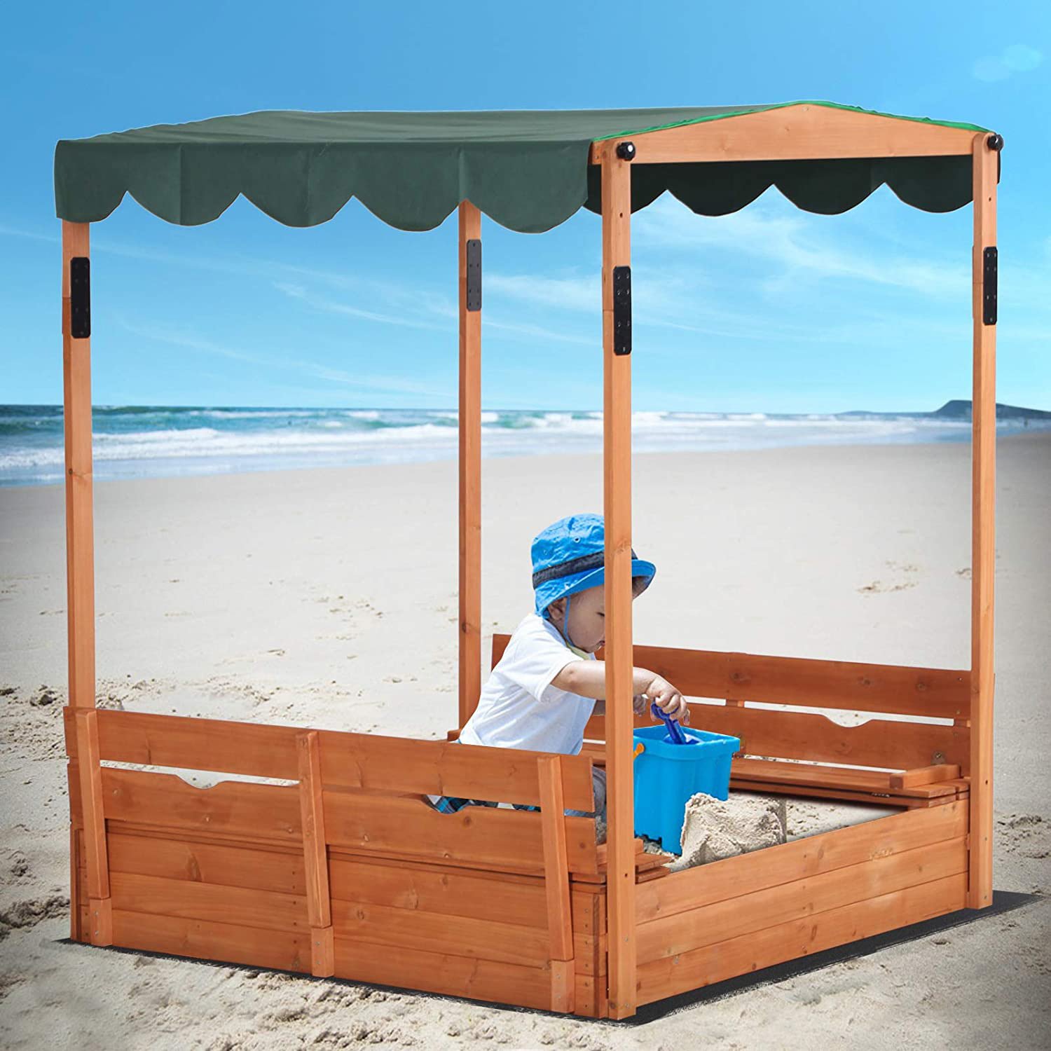 Outdoor Wooden Sandbox With Cover for Kids Cabana Sandbox With Adjustable Canopy Foldable Bench Seats for Backyard Lawn Garden