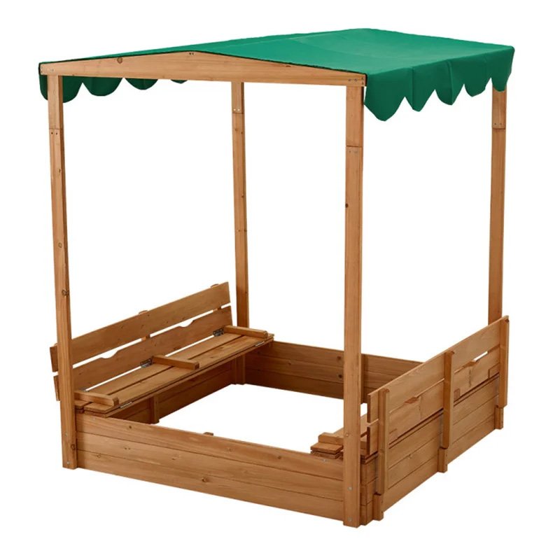 Outdoor Wooden Sandbox With Cover for Kids Cabana Sandbox With Adjustable Canopy Foldable Bench Seats for Backyard Lawn Garden