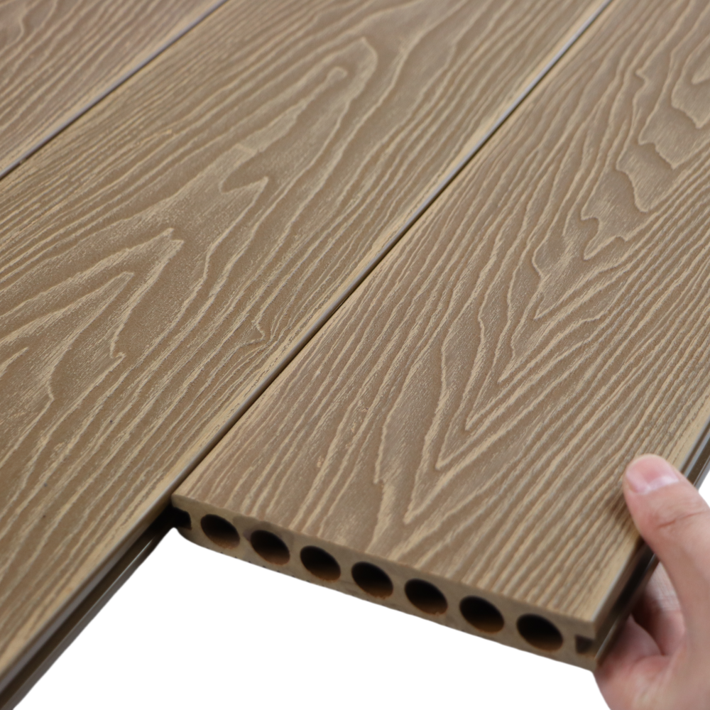 Deep Embossed WPC Decking with Round Holes Waterproof Outdoor Decking Floor Click Installation for Garden Exterior Teak Material