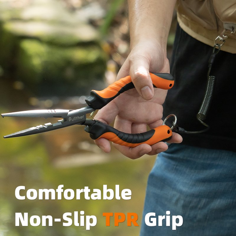 Pullther Long Nose Lightweight Outdoor Activity Carbon Steel Multifunctional Leather Cover with Open Ring Fly Fishing Plier