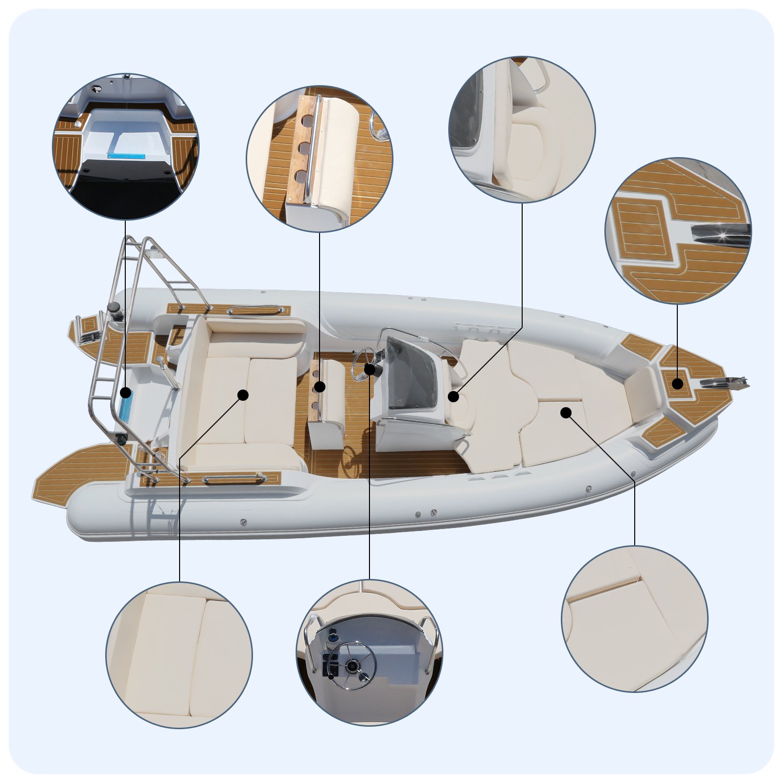 New Arrival CE Luxury 7m 23.3ft Hypalon PVC Inflatable Fishing Rowing Sport Yacht Fiberglass 200HP Engine for Lake Ocean Water