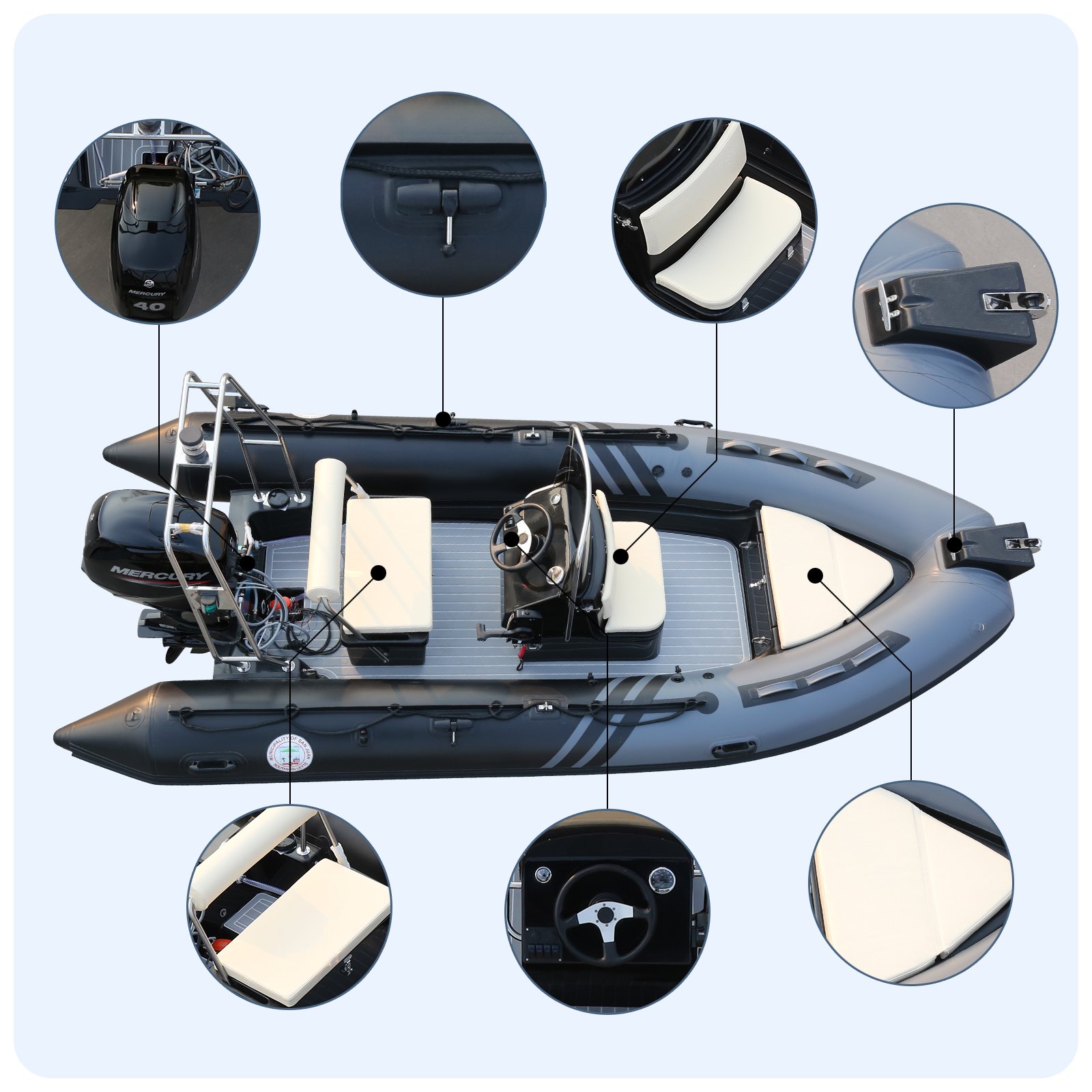 4.3m 6-Person Rib Inflatable Boat Yacht Durable Hypalon Material Fiberglass PVC Hull Outboard Engine Family Fishing Lake Use