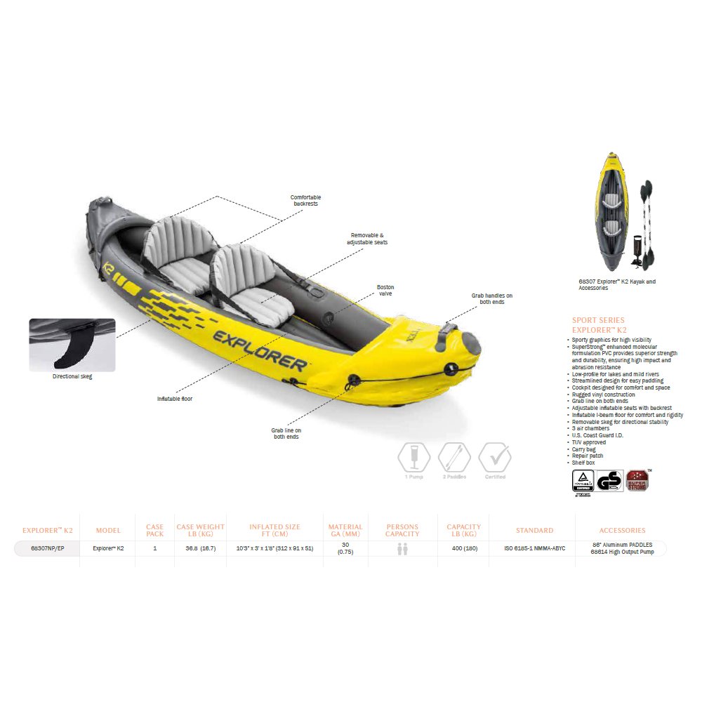 INTEX 68307 K2 KAYAK Professional Outdoor Inflatable Rowing Fishing Boat Set with Outboard Engine for 2 Person Sport Gaming