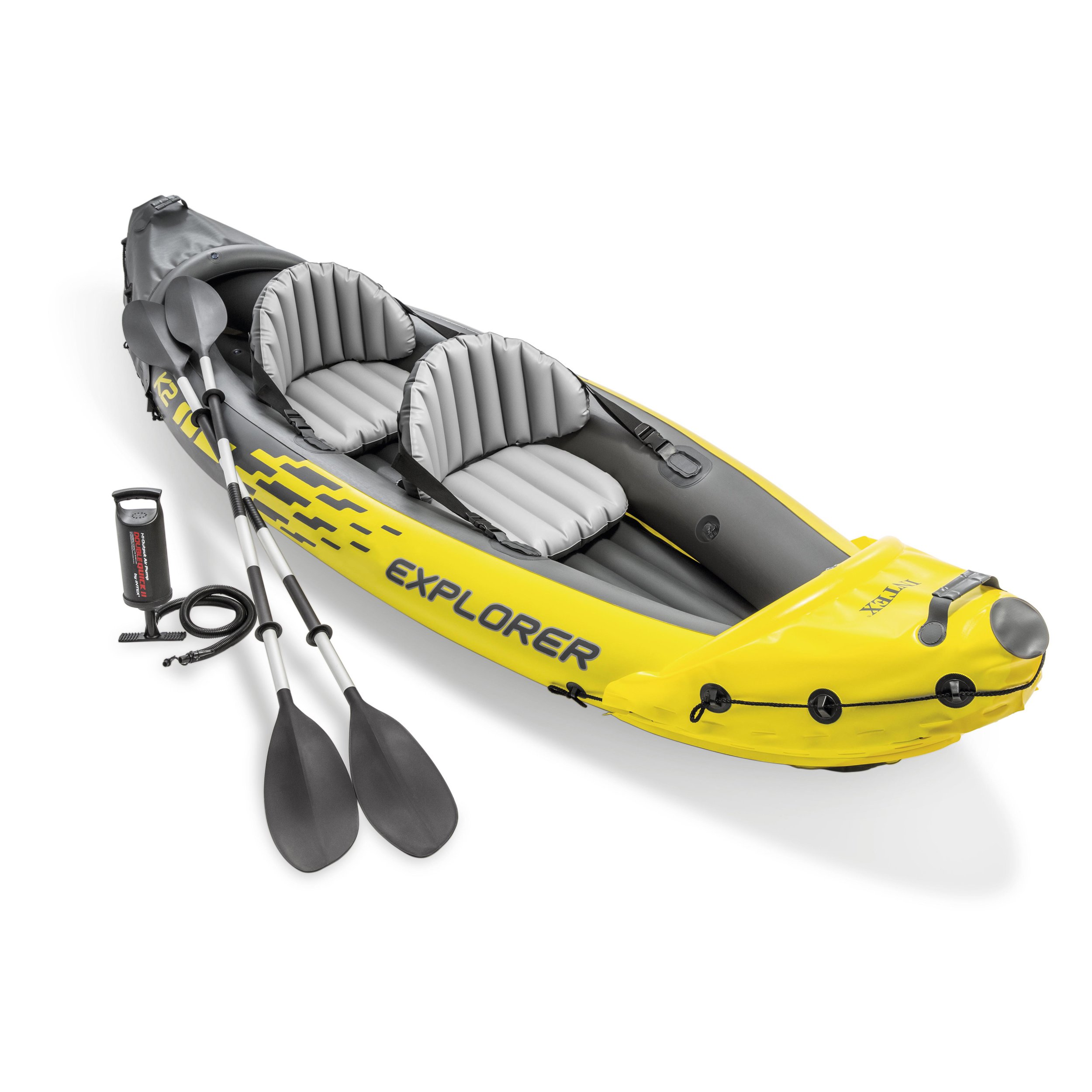 INTEX 68307 K2 KAYAK Professional Outdoor Inflatable Rowing Fishing Boat Set with Outboard Engine for 2 Person Sport Gaming
