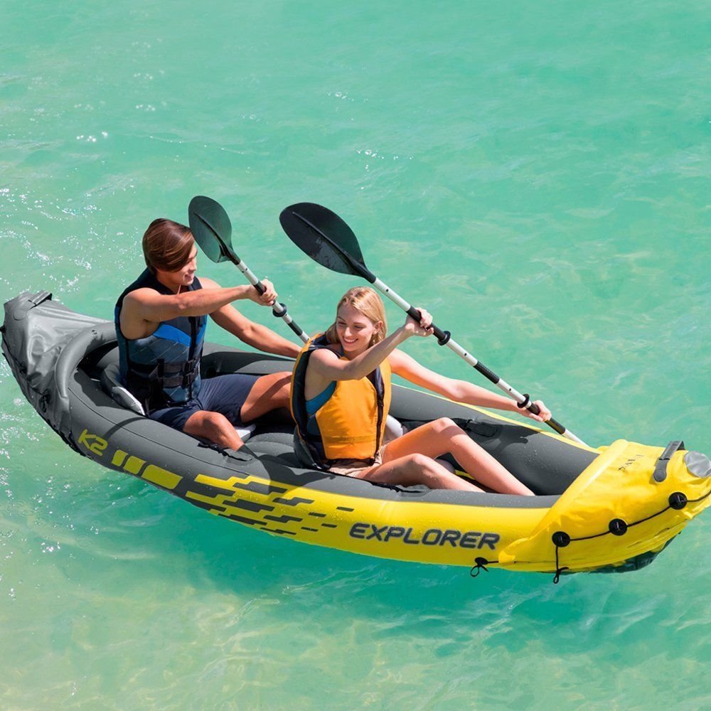 INTEX 68307 K2 KAYAK Professional Outdoor Inflatable Rowing Fishing Boat Set with Outboard Engine for 2 Person Sport Gaming
