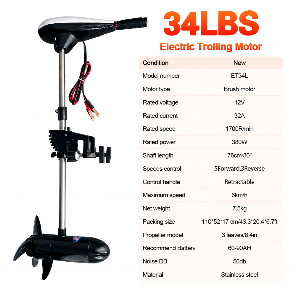 34lb 12v Thrust Outboard Engine Electric Trolling Motor Brush Motor Three Blades of Propeller Screw for Boat