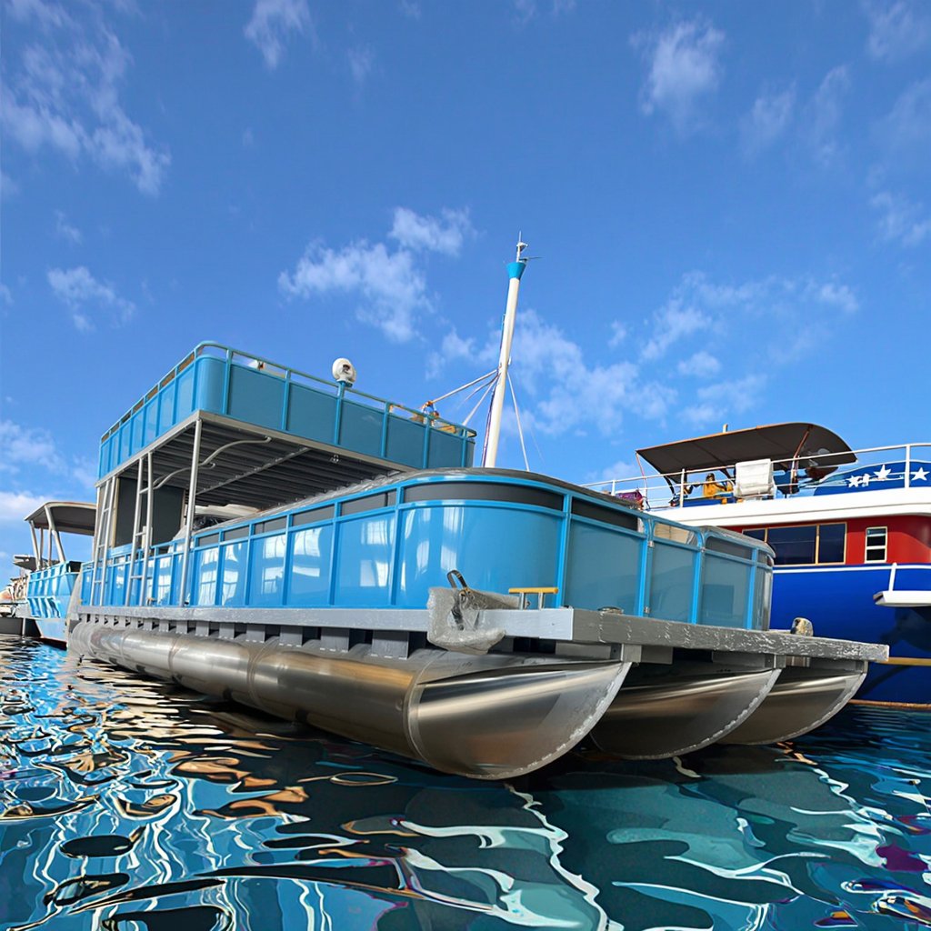 11m Aluminum 5083 Pontoon Yacht Luxury Leisure Boat with Water Slide Customized Color Barge for Leisure Activities