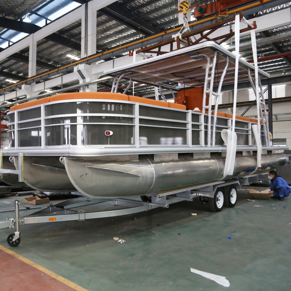 Kinocean 30FT Double-Decker Aluminium Electric Speed Boat Leisure Rowing Pontoon Fishing Boat Family Vacations Summer Boat