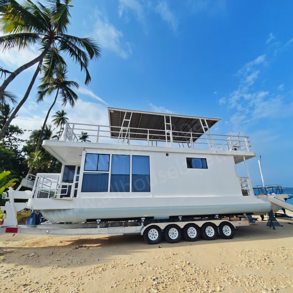 Allhosue HB-1080 2 Bedroom Houseboat Floating Water Hotel with LED Light Toilet Aluminum Pontoon Boats with Outboard Engine
