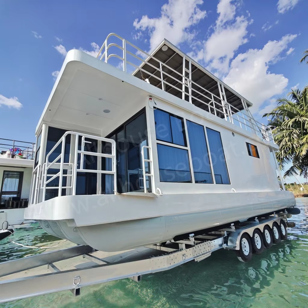 Allhosue HB-1080 2 Bedroom Houseboat Floating Water Hotel with LED Light Toilet Aluminum Pontoon Boats with Outboard Engine