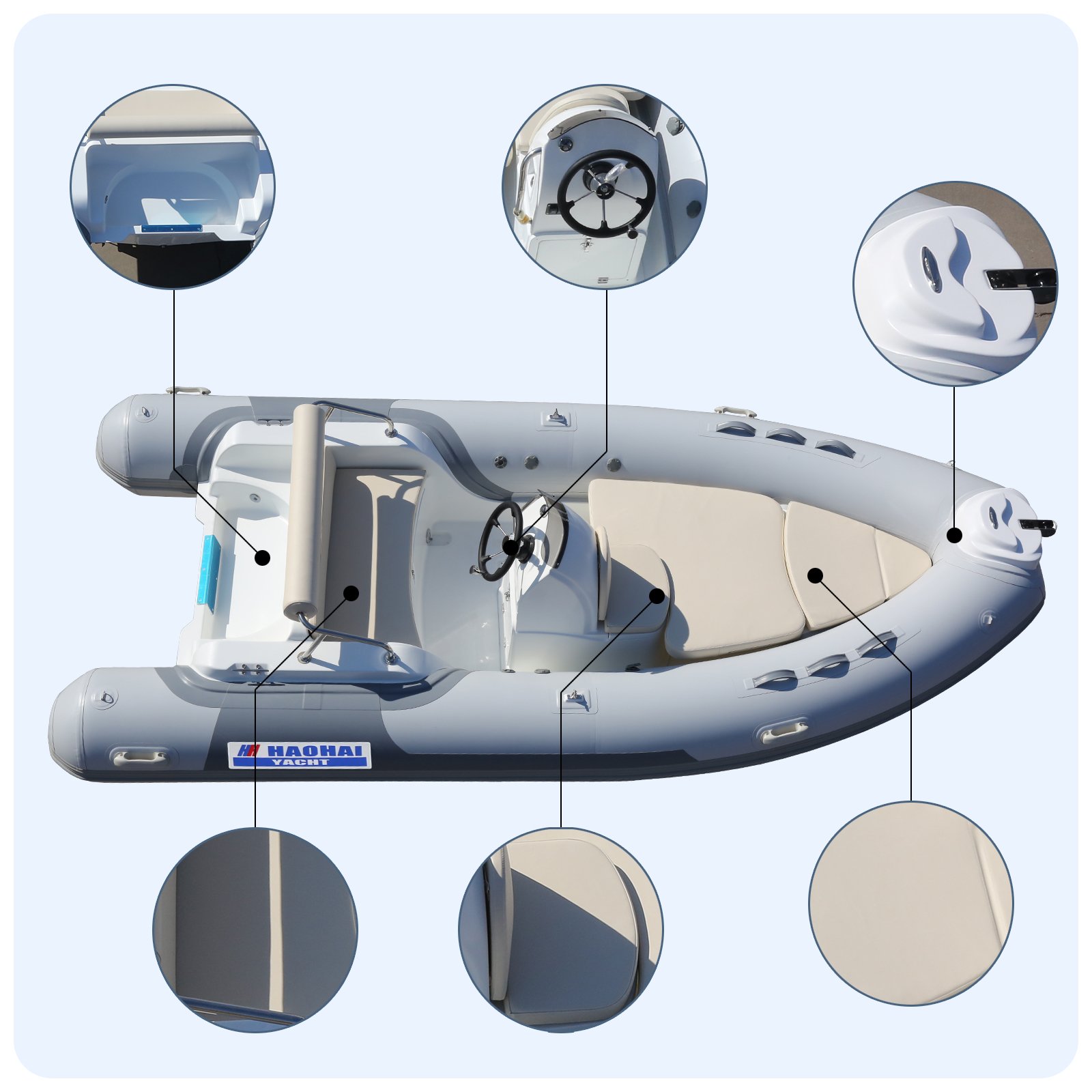 14.1FT 4.3m Fast Speed Fiberglass Inflatable Fishing Rib Boat with Outboard Engine Front Cabin Rowing Features