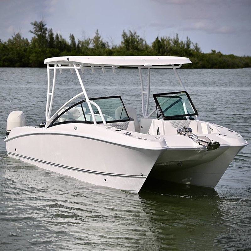 Kinocean 7.3 Meters 8-Man Twin Hull Dual Center Console Luxury Fiberglass Speed Boat Fishing Outboard Engine Combo Set Divers