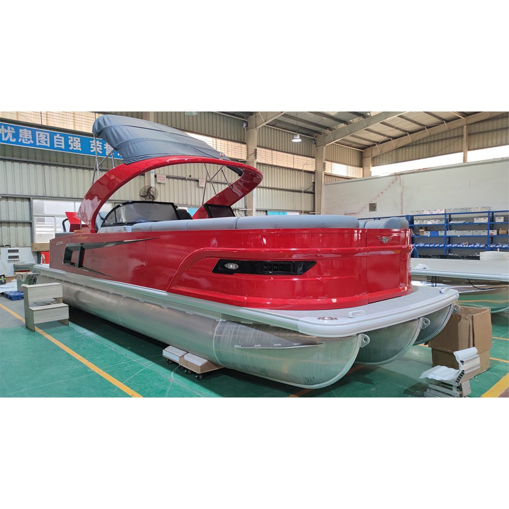 Twin Engine Blue Black Commercial Custom Built Tri Fiberglass Pontoon With Cabin Boat Camping Steel River Pontoon Hull Barge