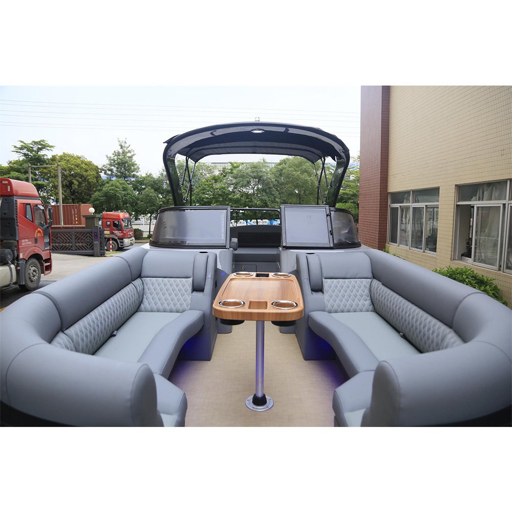 Twin Engine Blue Black Commercial Custom Built Tri Fiberglass Pontoon With Cabin Boat Camping Steel River Pontoon Hull Barge
