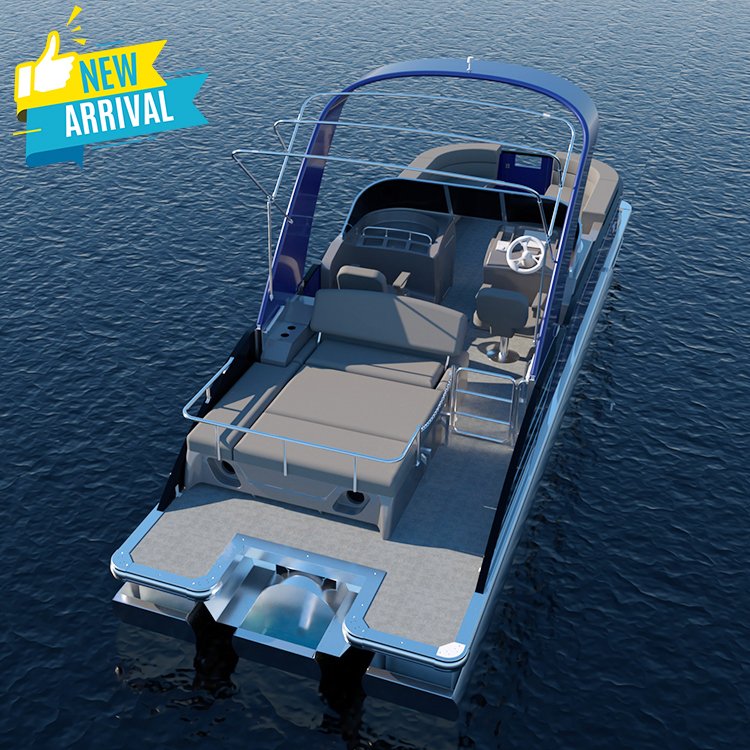 KinOcean Stylish 27ft Luxury Aluminum Tritoon Family Pontoon Fiberglass Fence Fishing Boat 200HP Outboard Engine Outdoor Use