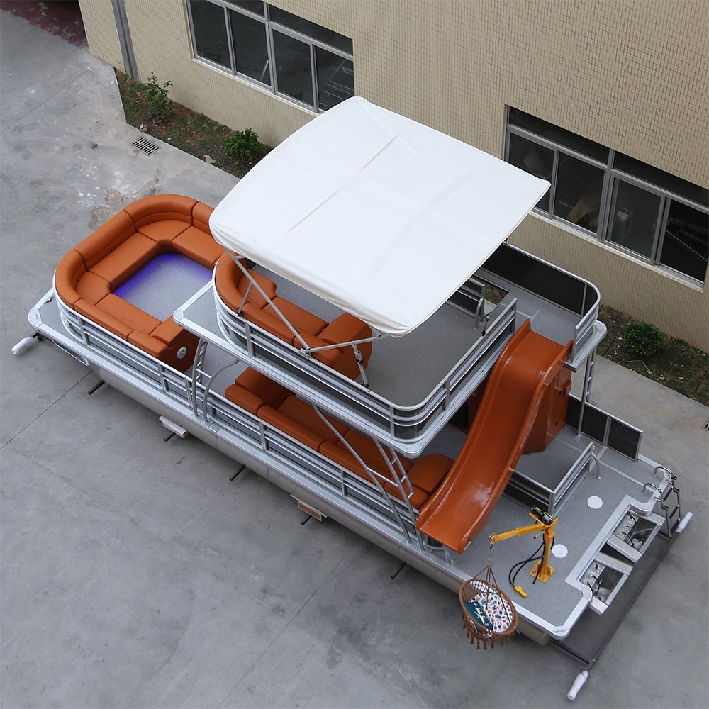 Kinocean 30FT Double-Decker Aluminium Pontoon Boat CE Support OEM ODM Electric Petrol Outboard Engine Bimini Top Marine Fishing
