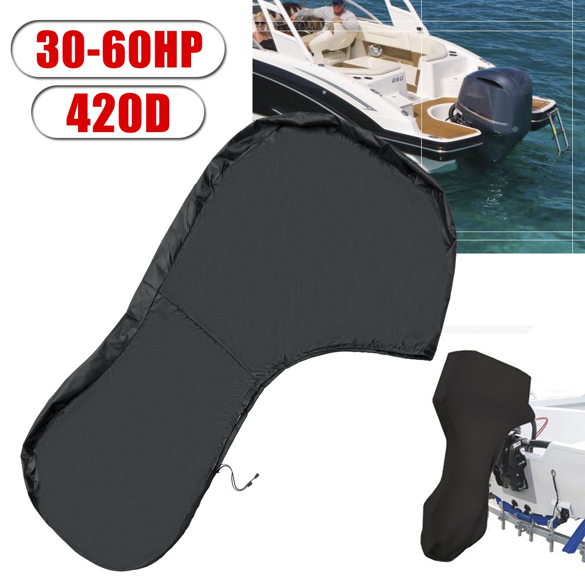 Waterproof Black 420D Full Outboard Engine Boat Motor Cover Fit up to 30 -60 HP Motor