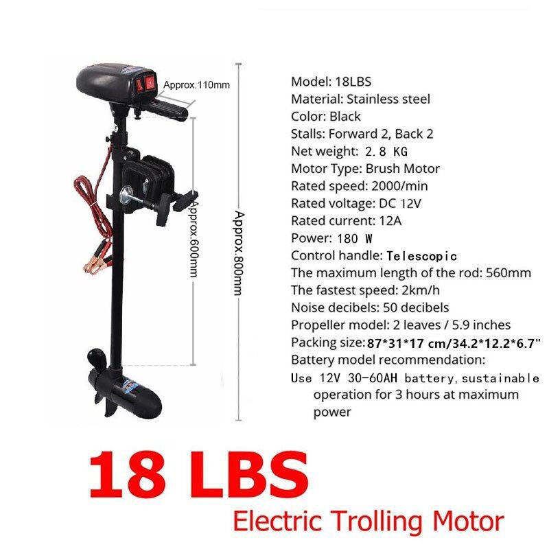 Solarmarine Inflatable Boat Electric Trolling Motor 18 LBS 180 W Outboard Engine by 12V DC Battery Driven Screws Propeller