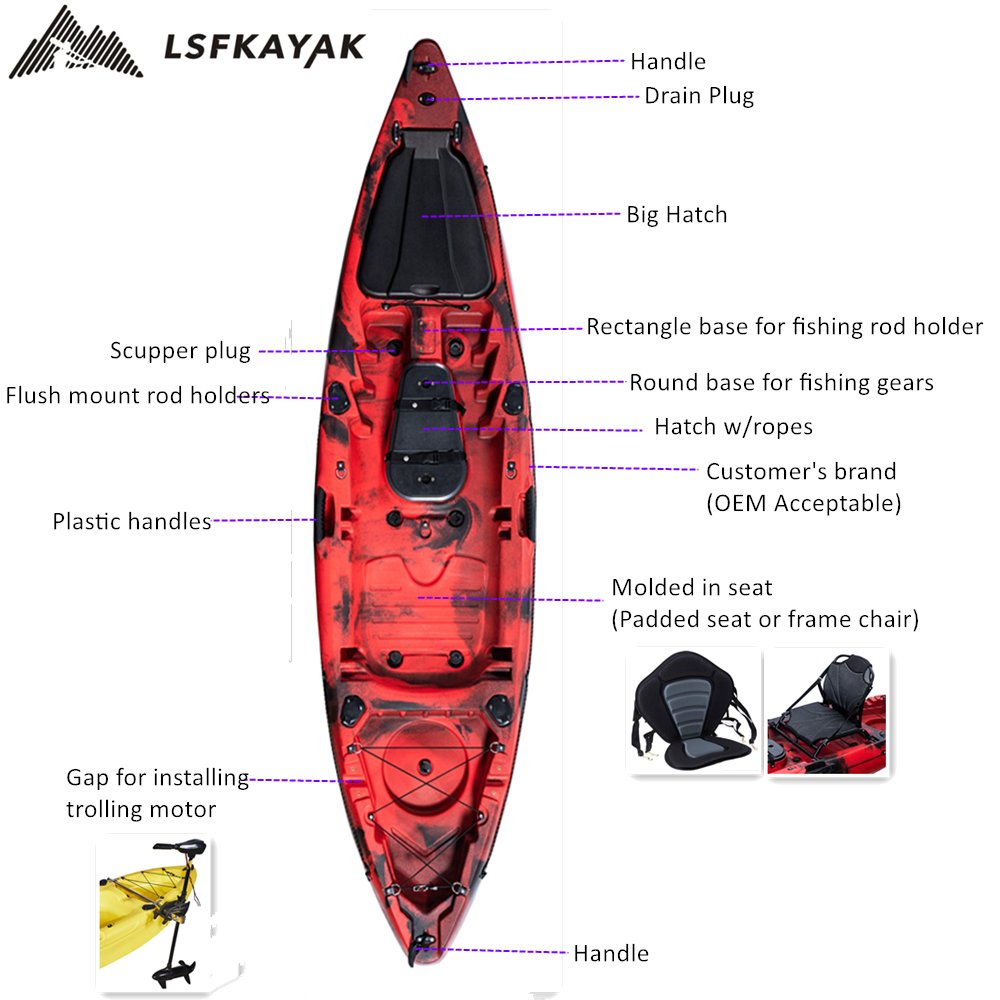 Lake River 1 Person Solo Single Plastic Rowing Boat Roto Molded Recreational Fishing Kayak With Paddle Seat Motor