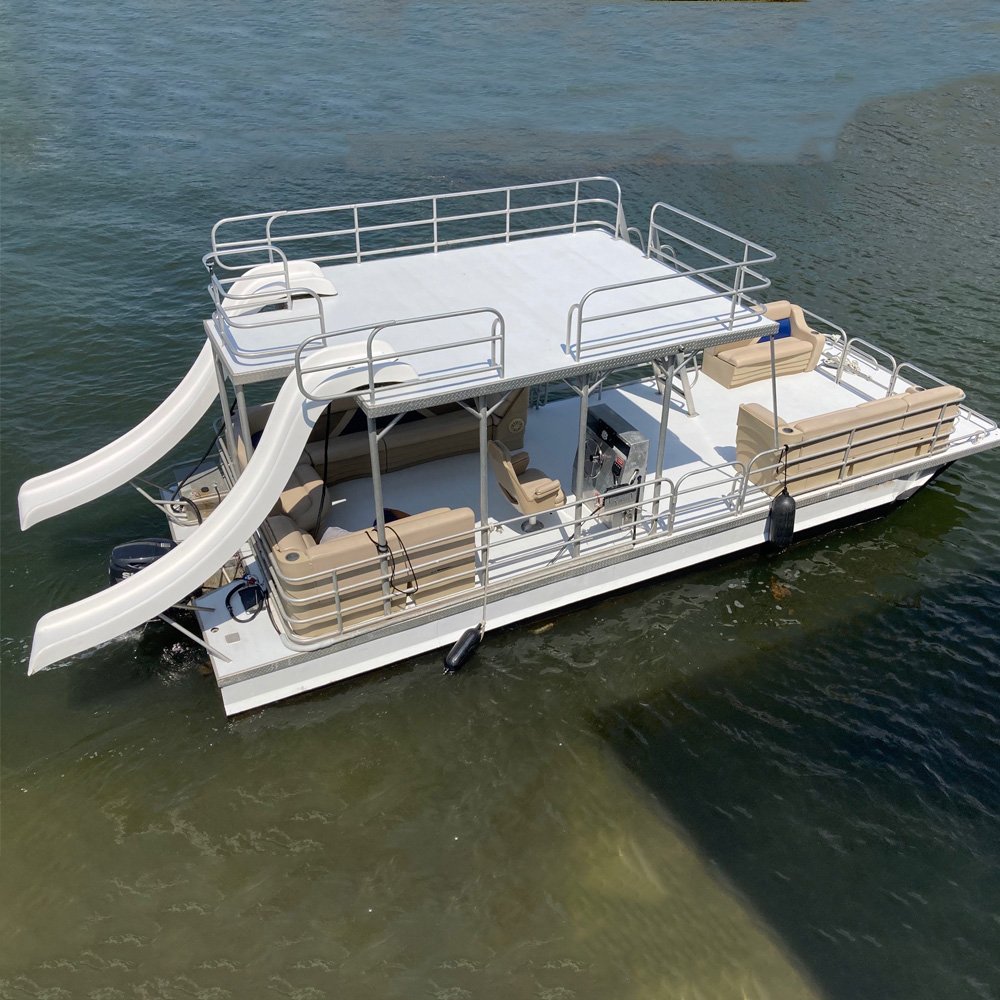Kinocean Luxury 30ft Double Decker Aluminum Pontoon Boat Modern Family Party Yacht with Two Slides for River Entertainment