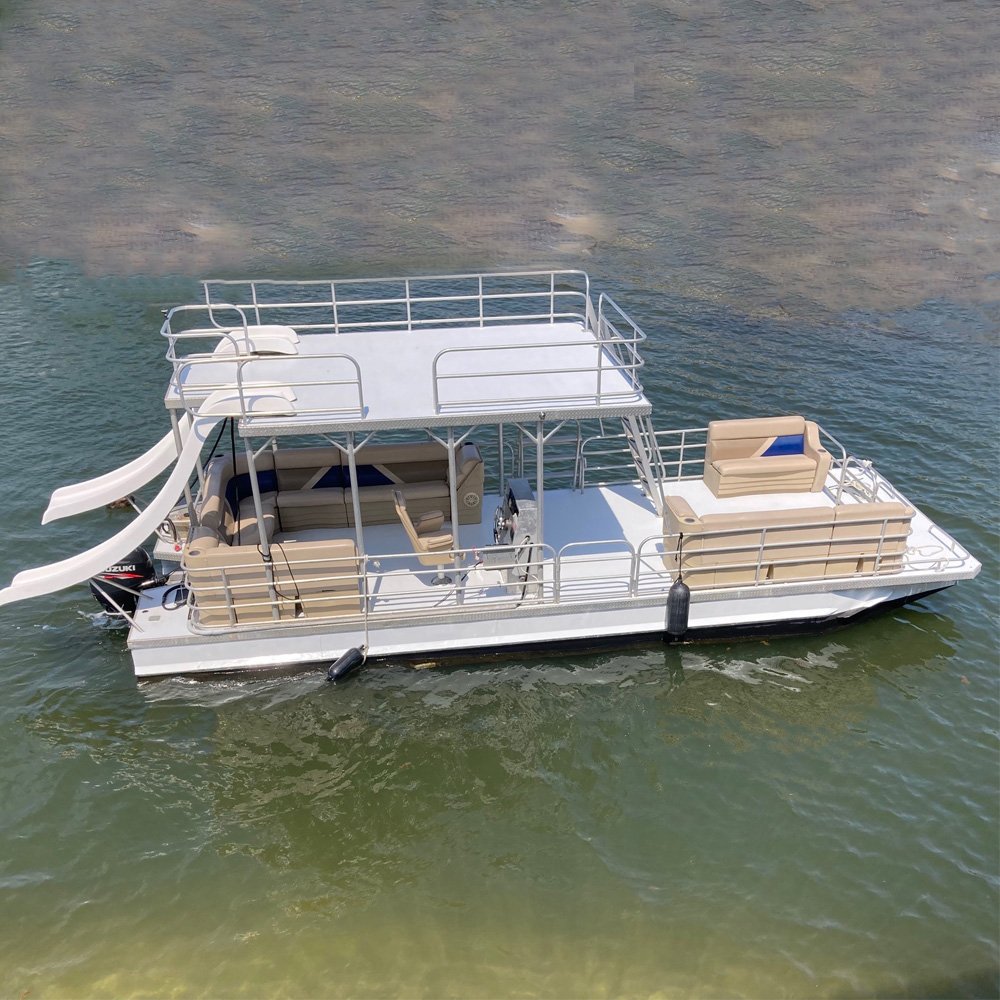 Kinocean Luxury 30ft Double Decker Aluminum Pontoon Boat Modern Family Party Yacht with Two Slides for River Entertainment
