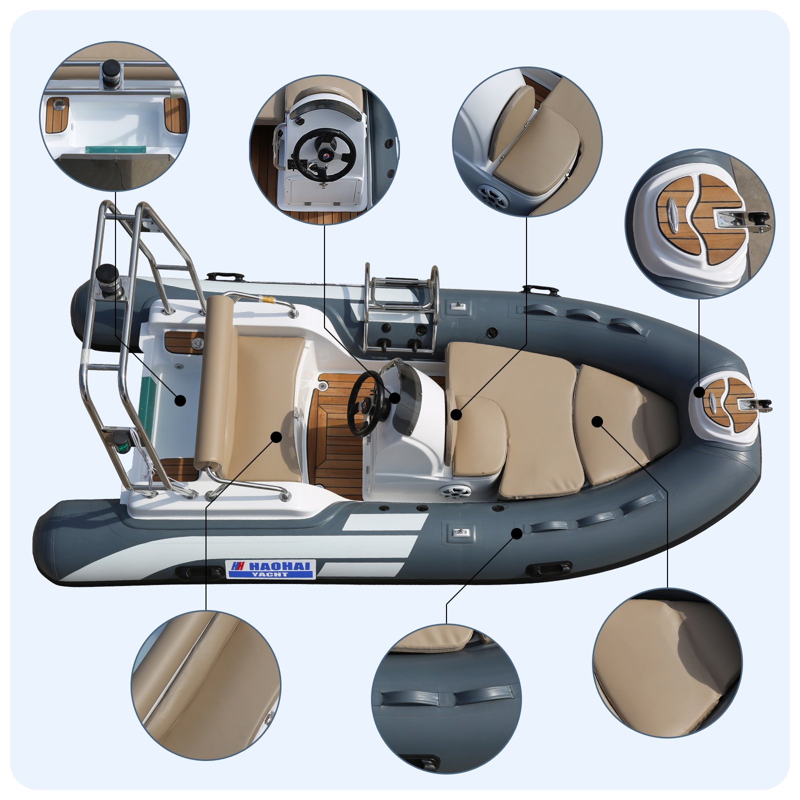 Haote Small Racing Aluminum PVC Inflatable Rib Boat Barcavetroresin Plastic for Fishing Drifting Fiberglass Material Engine