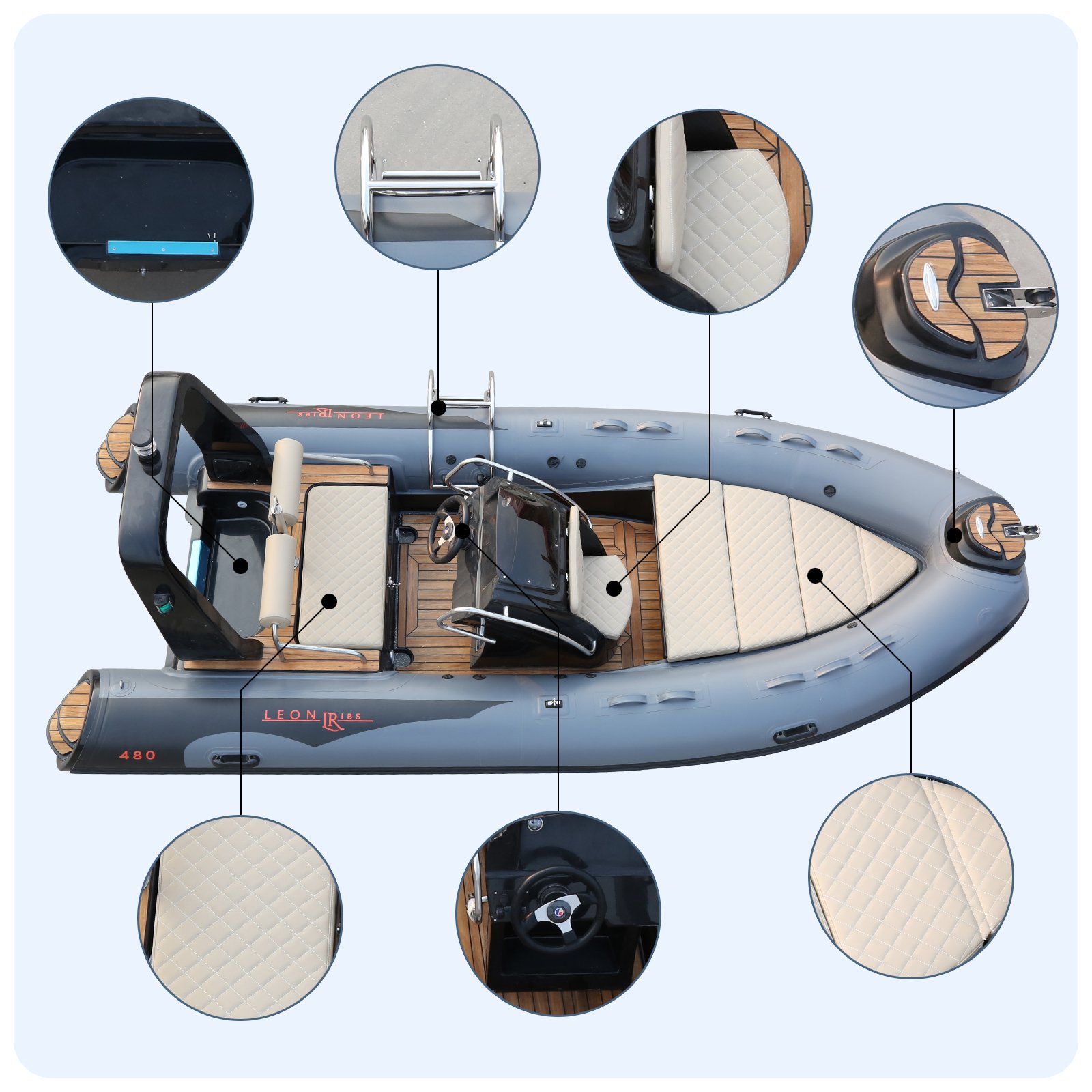 CE Certified 15.4ft 4.8m New & Classic Luxury PVC Fiberglass Inflatable Rowing Boat with Outboard Engine for Fishing from China