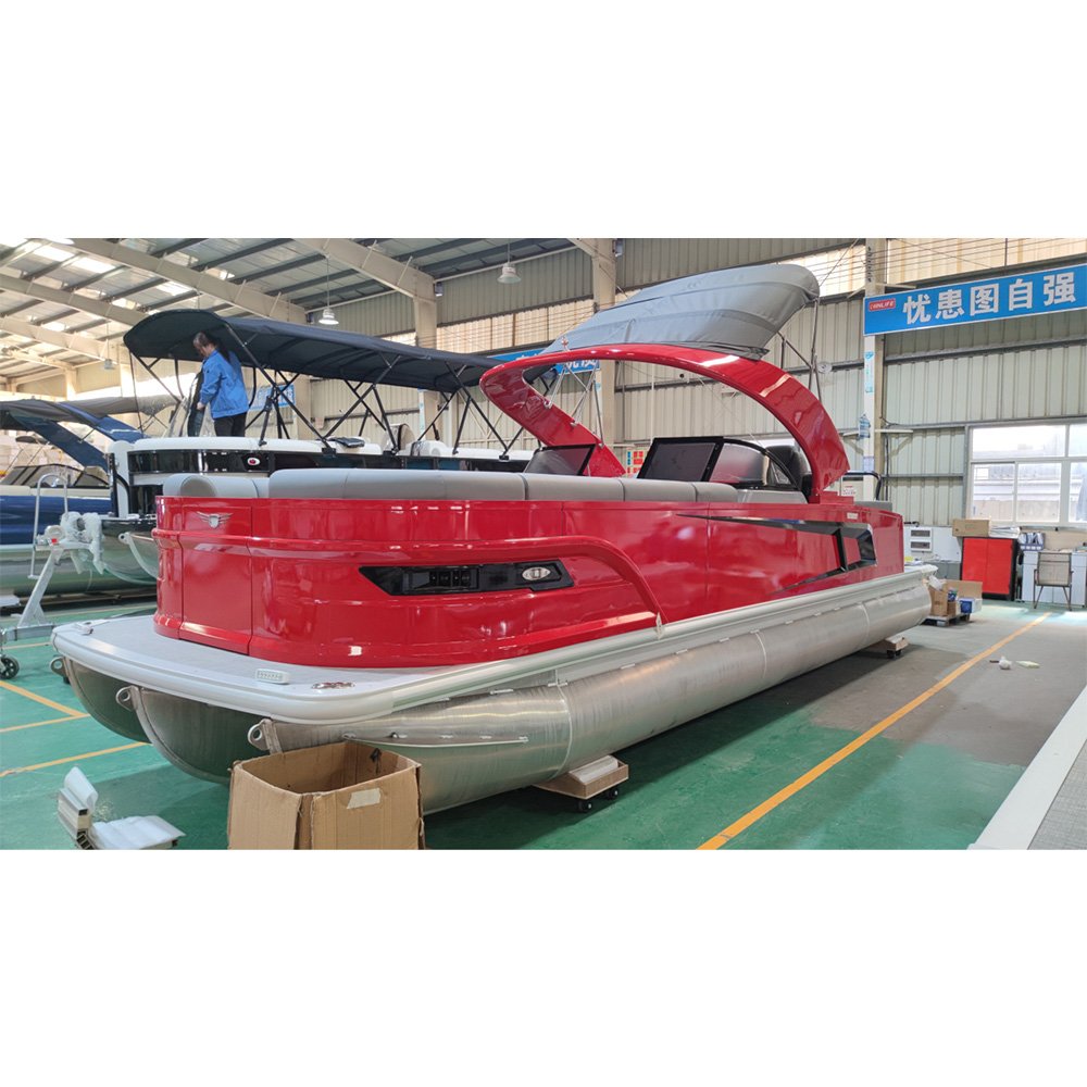 Twin Engine Blue Black Commercial Custom Built Tri Fiberglass Pontoon With Cabin Boat Camping Steel River Pontoon Hull Barge