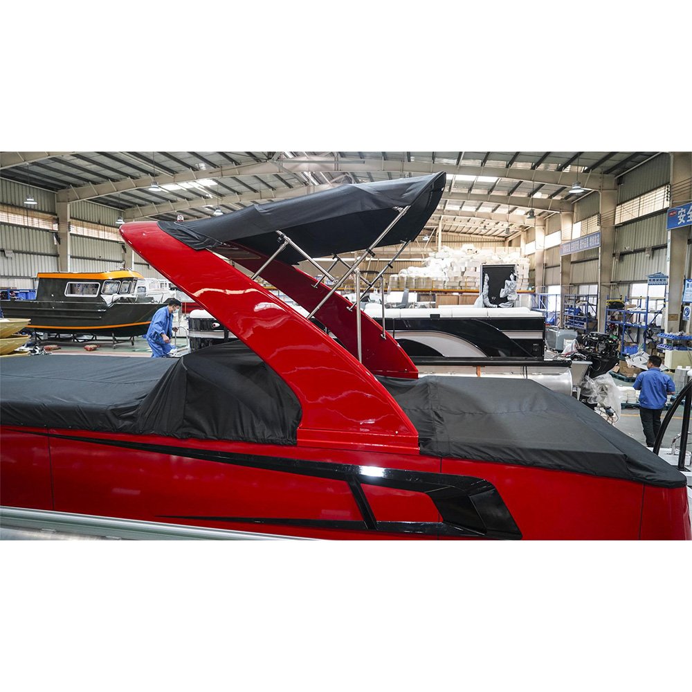 Twin Engine Blue Black Commercial Custom Built Tri Fiberglass Pontoon With Cabin Boat Camping Steel River Pontoon Hull Barge