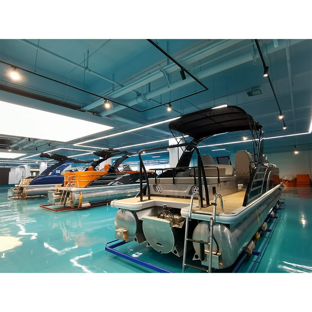 Twin Engine Blue Black Commercial Custom Built Tri Fiberglass Pontoon With Cabin Boat Camping Steel River Pontoon Hull Barge