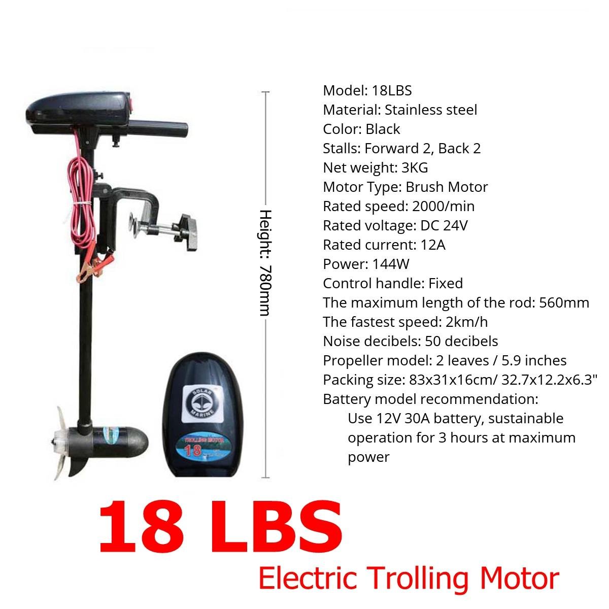Solar Marine Electric Trolling Motor 18 LBS 180 W Outboard Engine With Install Bracket and Luxury Awning