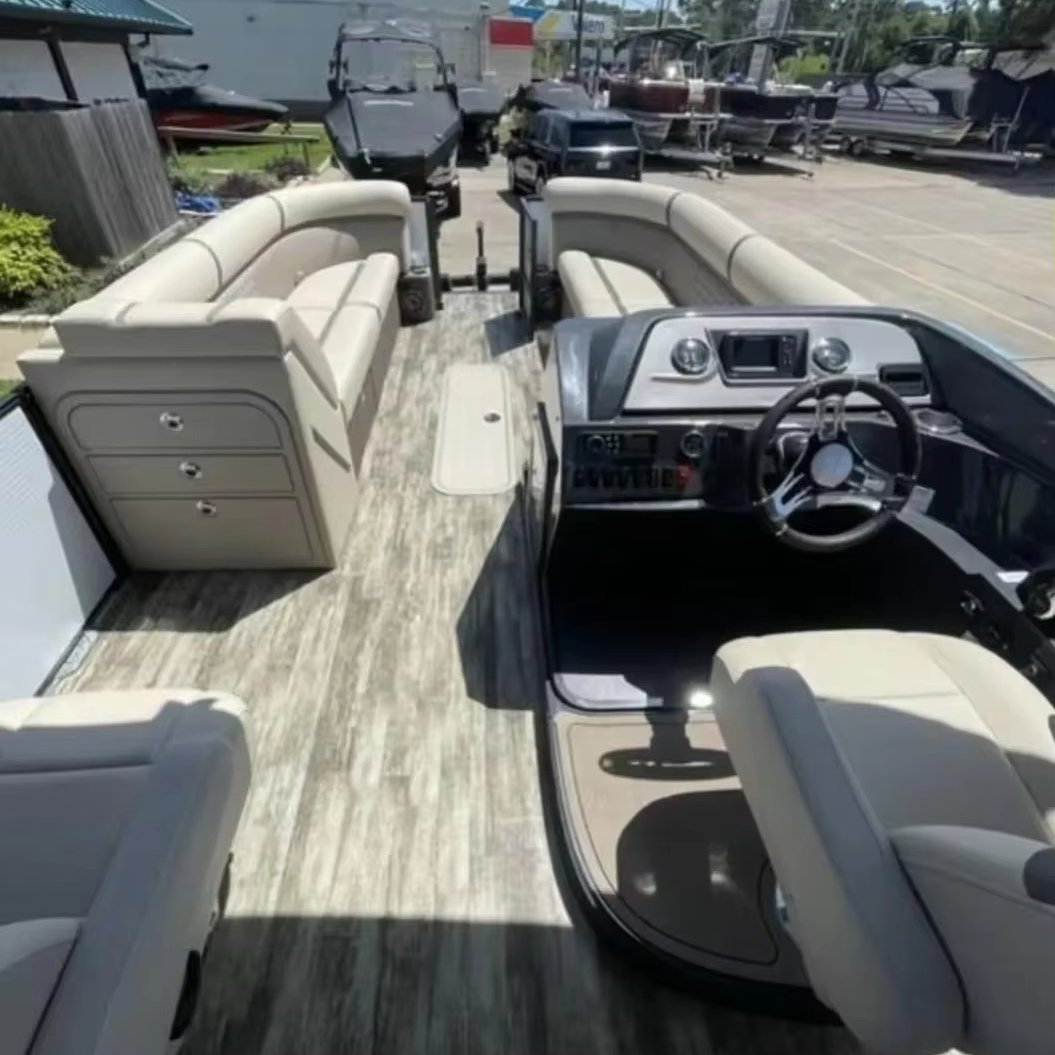 Luxury Aluminum Electric Boat High Quality 25ft 7.5m Leisure Fishing Pontoon Boat with Engine Bimini Top Fiberglass Boat