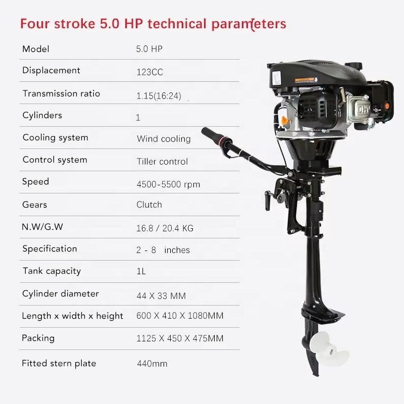 HANGKAI Outboard Motor, 4-Stroke 5HP Superior Fishing Boat Engine 123CC Air Cooling Tiller Control